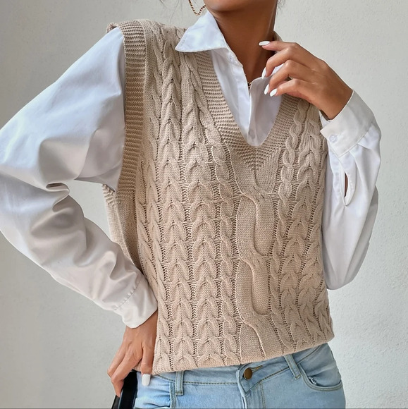 Sweaters - V Neck Cable Knit Sweater Vest